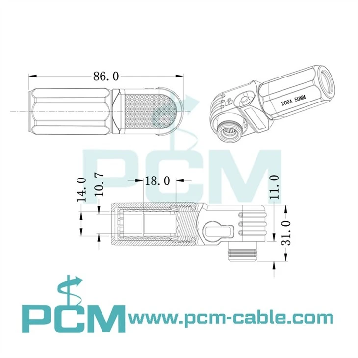 BESS connectors 200A size dimensions drawing